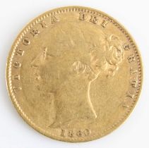 Great Britain, 1860 gold full sovereign, Victoria young bust above date, rev: crowned quartered