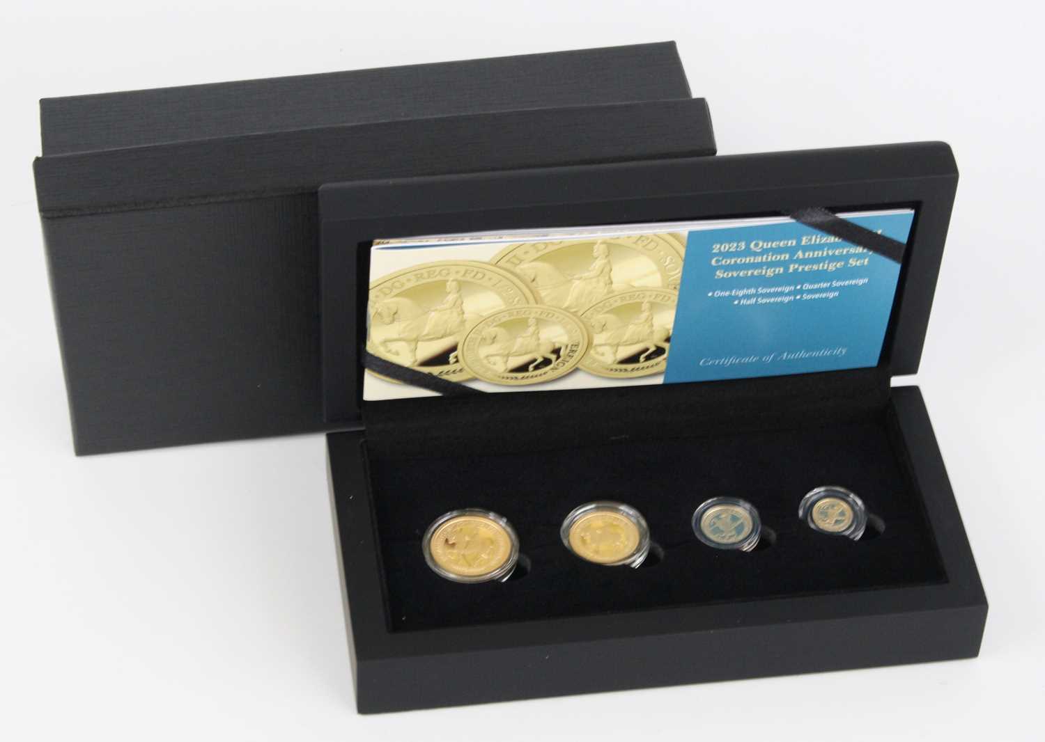 Hattons of London, 2023 Queen Elizabeth II Coronation Anniversary Sovereign Prestige Set, four coins