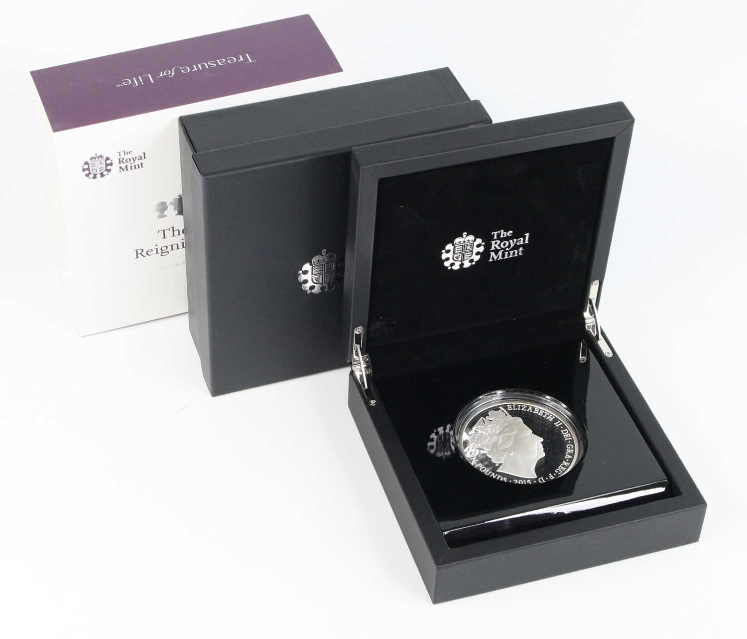 The Royal Mint, The Longest Reigning Monarch, 2015 UK Five-Ounce Silver Proof £10 coin, boxed with