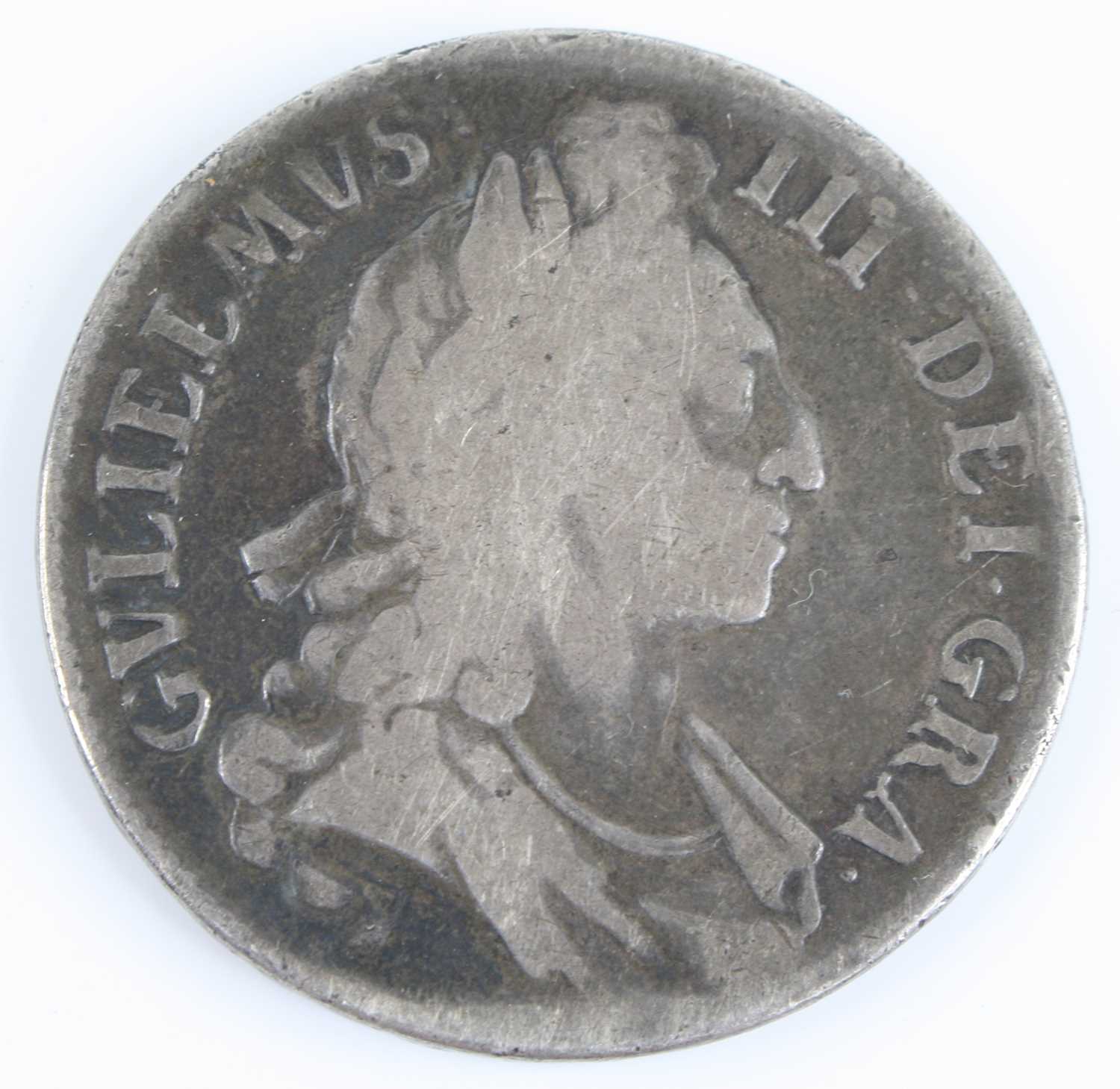 Great Britain, 1696? crown, William III laureate bust, rev; crowned shields around central lion,