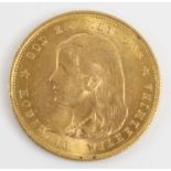 Netherlands, gold 10 gulden, obv: Wilhelmina young portrait left, rev: crowned shield dividing