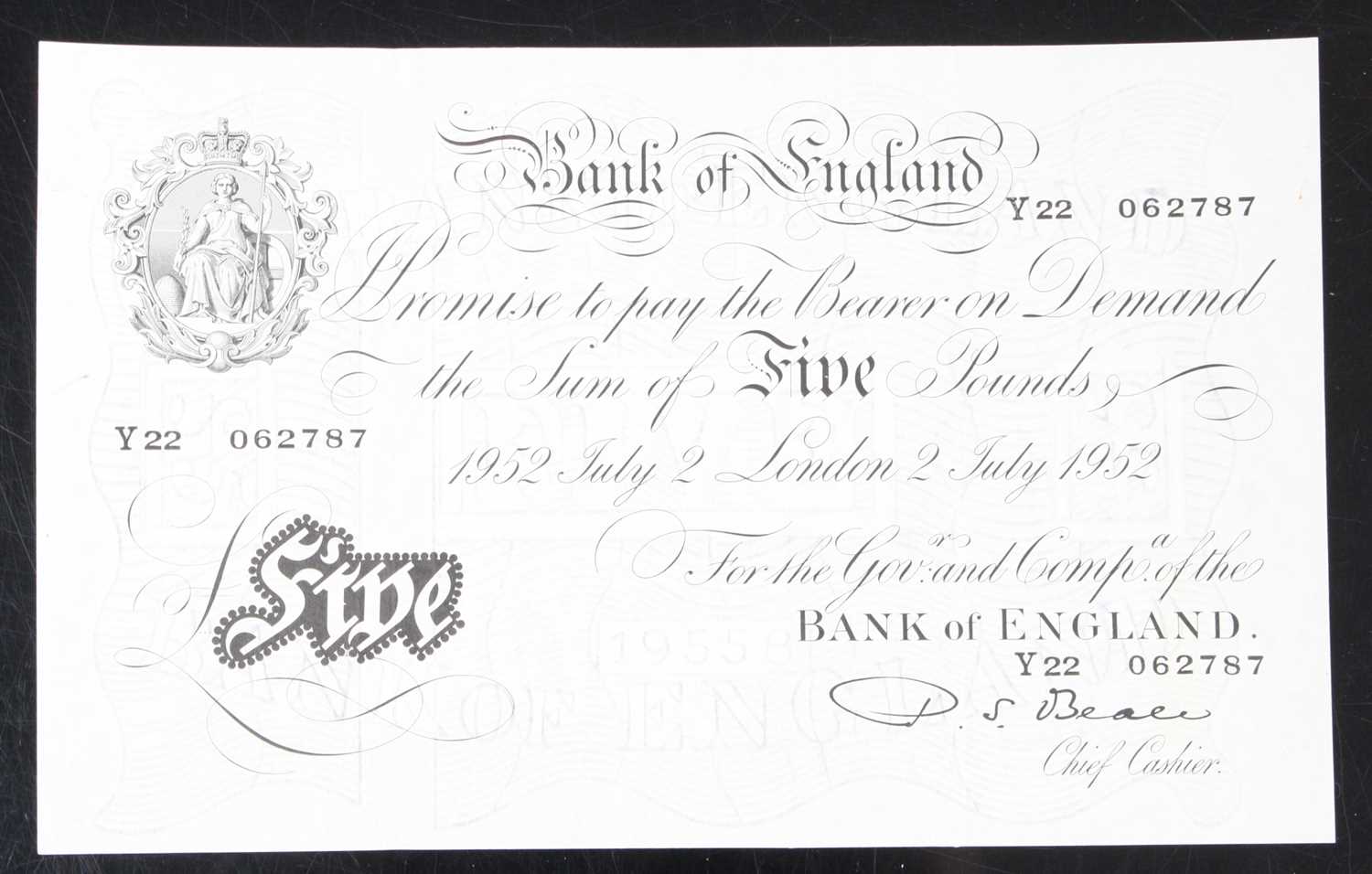 Great Britain, Bank of England five pound note "The White Fiver" no. 195558, serial no. Y22 062787,