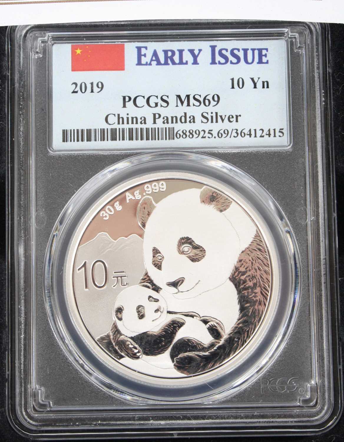 China, 2019 Early Issue Silver Panda, 10 yuan silver coin in PCGS MS69 slab, cased with certificate, - Image 2 of 4