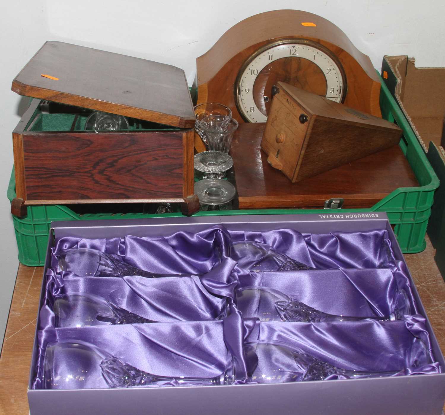 A collection of miscellaneous items to include Art Deco walnut cased mantel clock, set of six