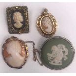 A modern carved shell cameo pendant in 9ct gold mount, together with one other similar example,