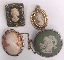 A modern carved shell cameo pendant in 9ct gold mount, together with one other similar example,