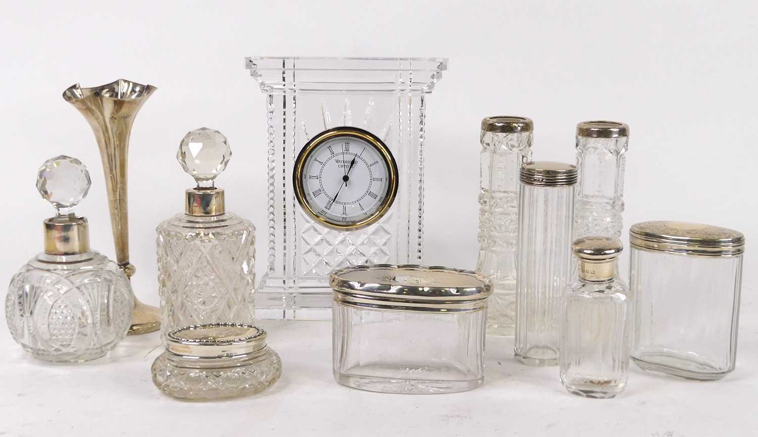 A Waterford Crystal mantel clock having quartz movement, height 18cm, together with various glass