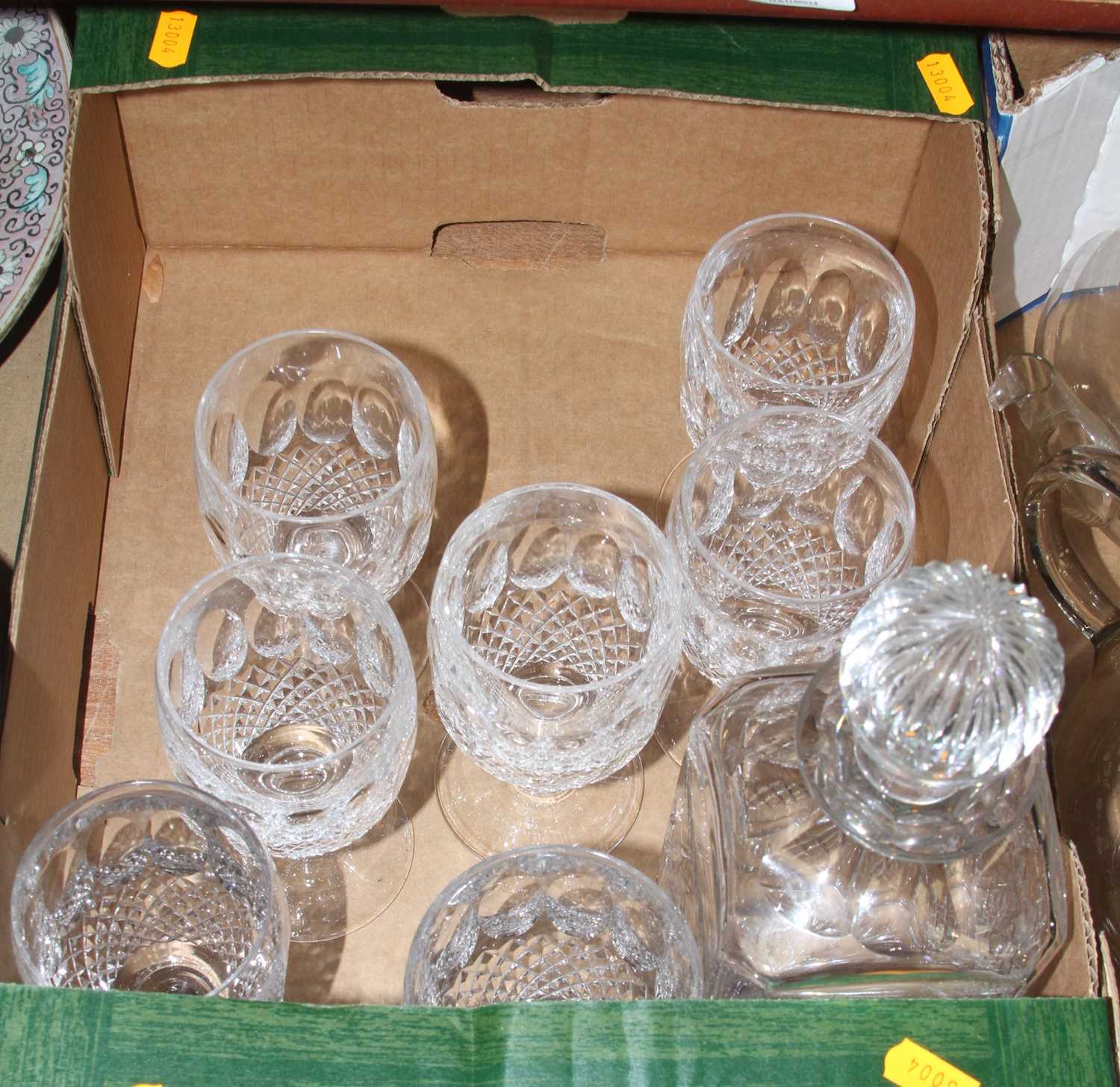 Two boxes of glass ware to include a set of seven Waterford Crystal Colleen pattern drinking glasses - Image 2 of 3