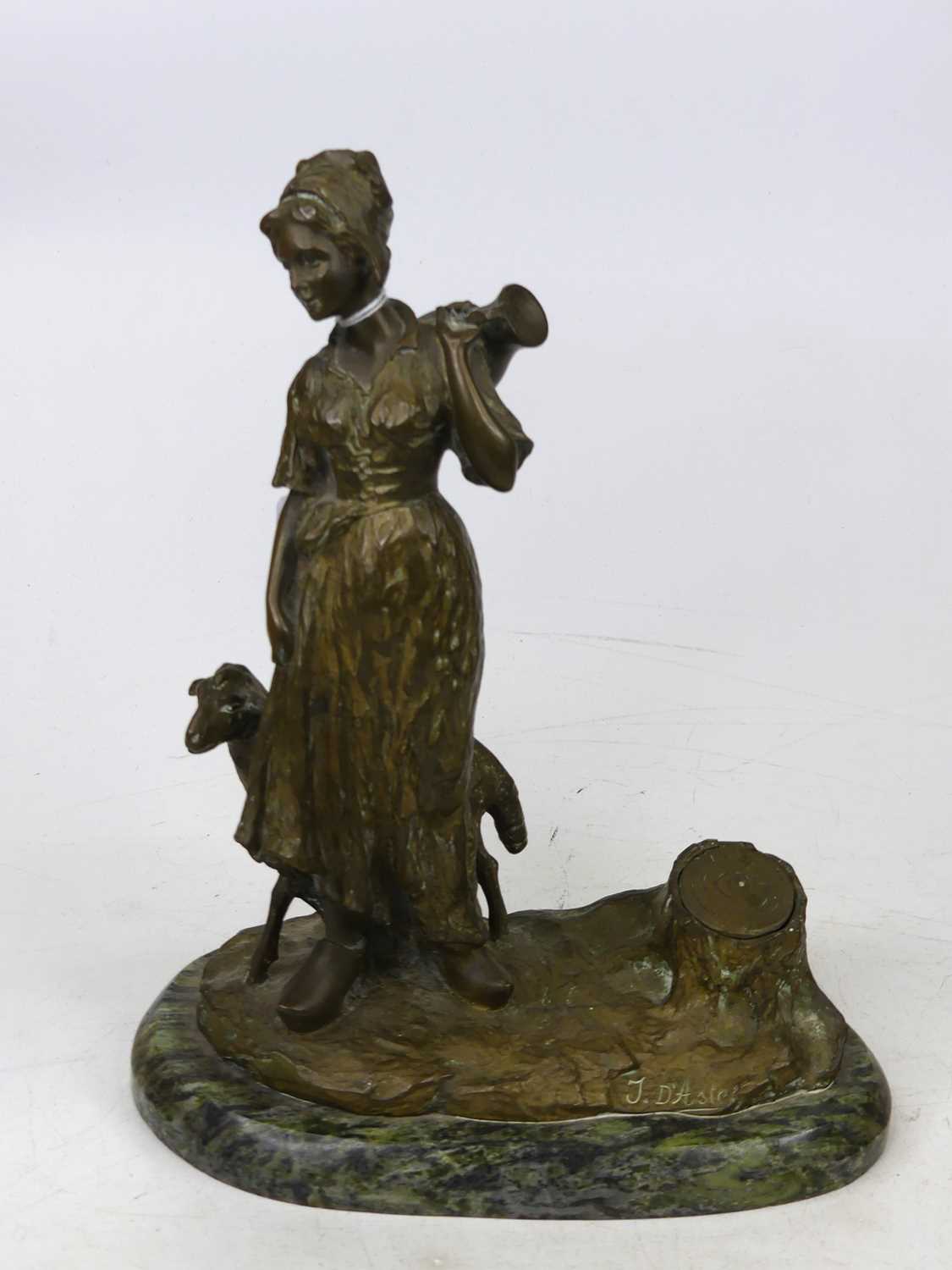 After Joseph D'Aste, a bronze figural inkwell in the form of a lady holding a water jug, modelled