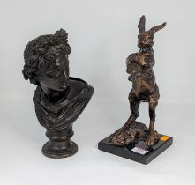 A bronzed resin bust of Apollo Belvedere, height 28cm, together with another bronzed metal model