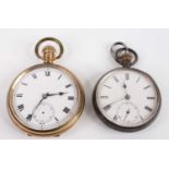 A gent's gold plated open faced pocket watch, with keyless movement, dia.5cm; together with a