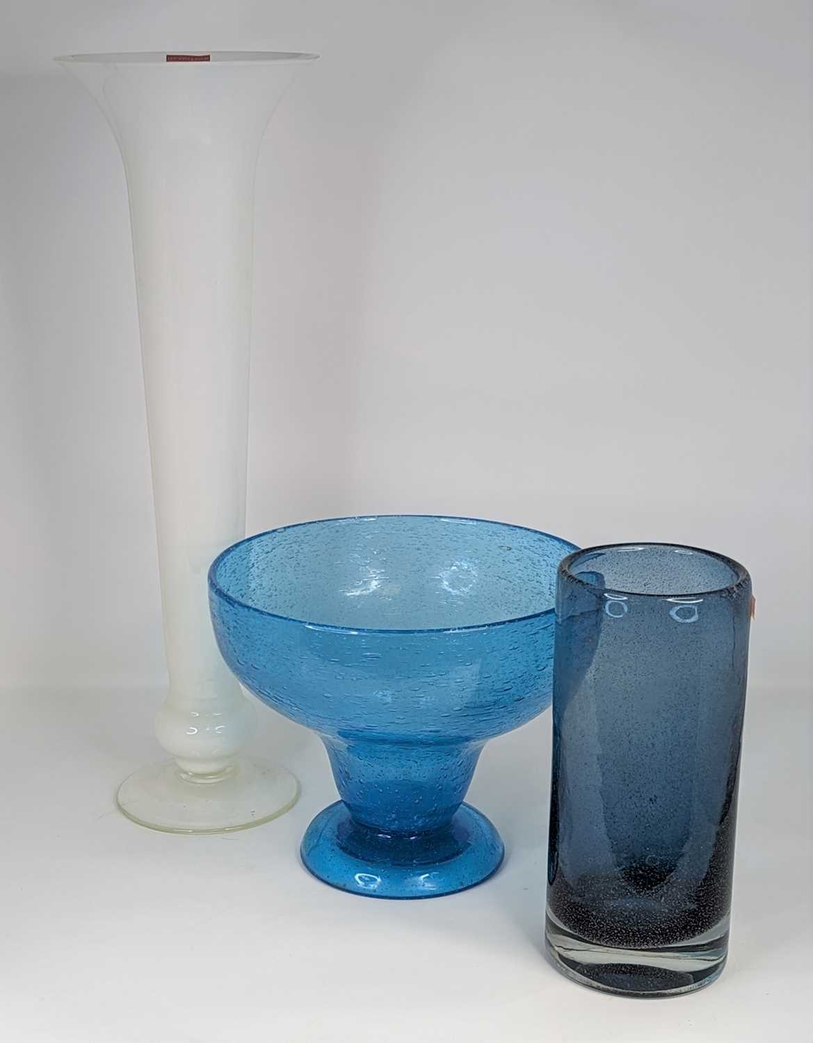 A collection of three coloured glass vases, largest height 48cm