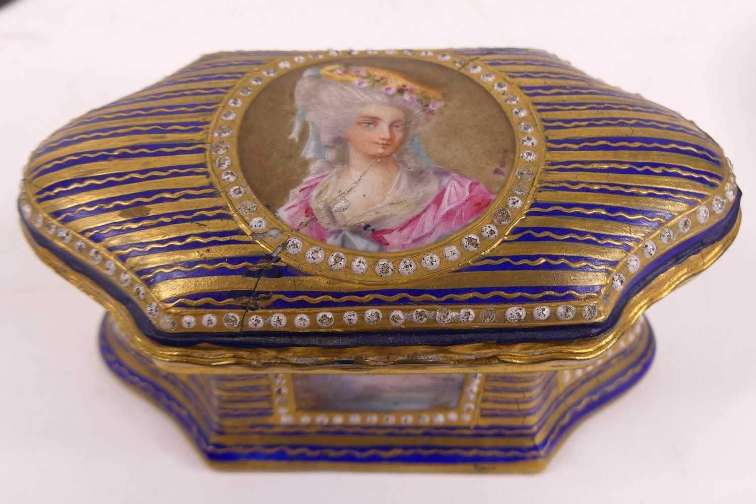 A 19th century Staffordshire enamel patch box, of sarcophagus shape, the hinged lid decorated with a - Image 2 of 9