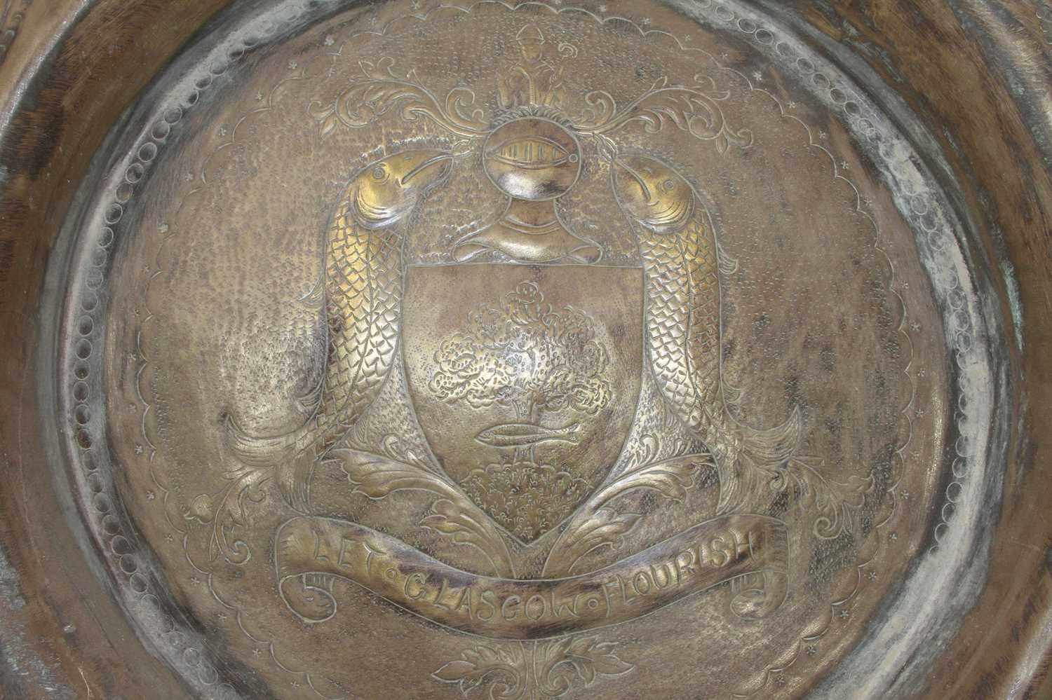 A Glasgow School Arts & Crafts copper charger, the sunken well repoussee decorated with a coat of - Image 2 of 6