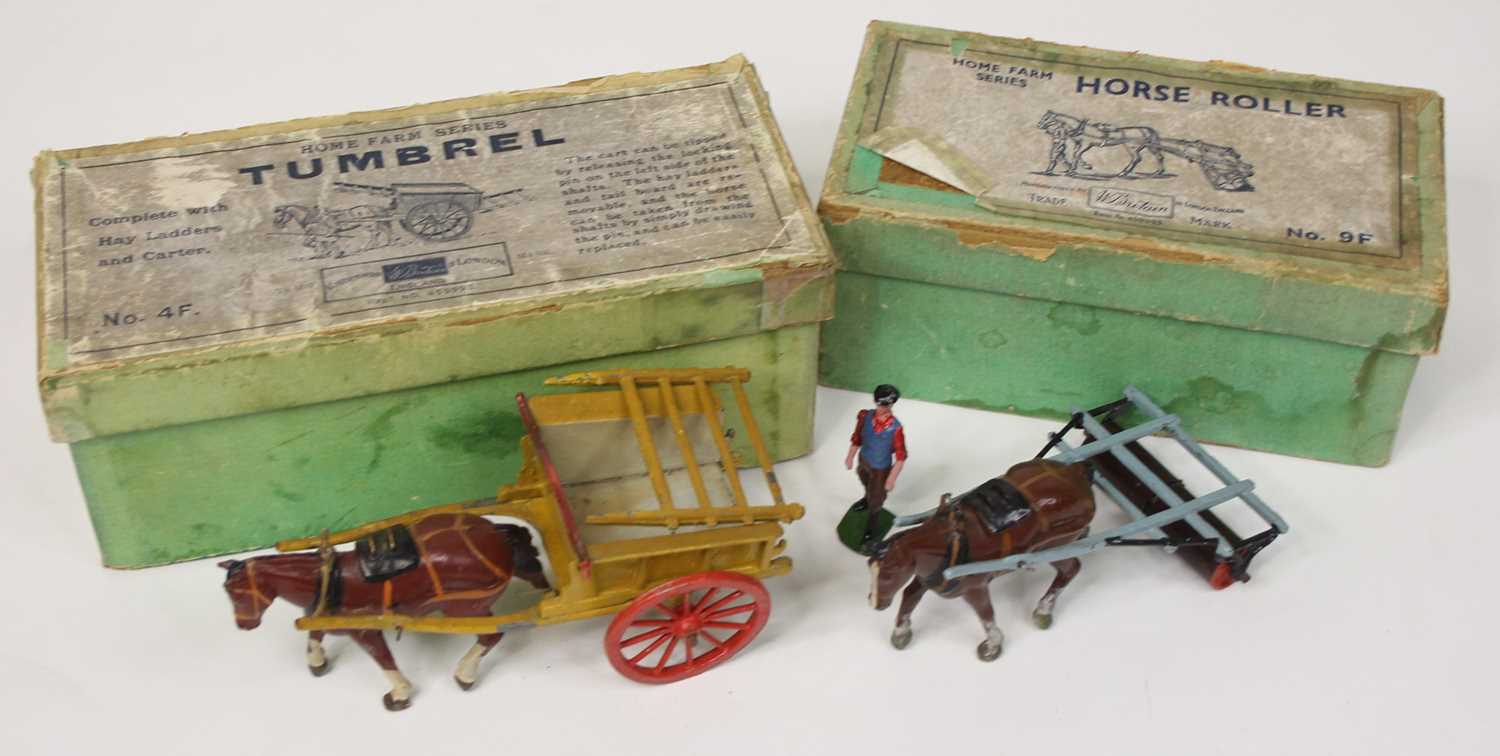A pair of boxed Britains Home Farm series horse-drawn farm attachments, to include No.4F tumbrel