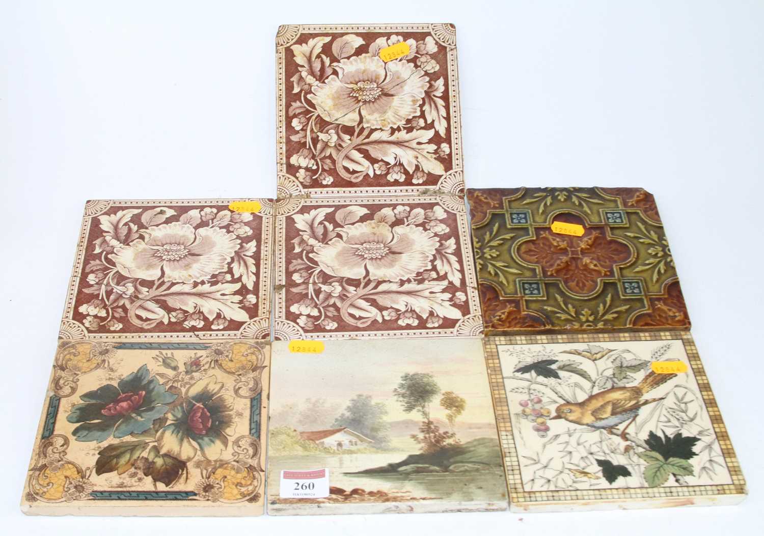 A collection of Victorian pottery wall tiles, each approx 15x15cm