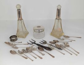 A collection of miscellaneous items to include a pair of silver scent bottles of inverted square