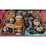 A collection of miscellaneous items to include novelty carved wooden bookends, copper oil cans,