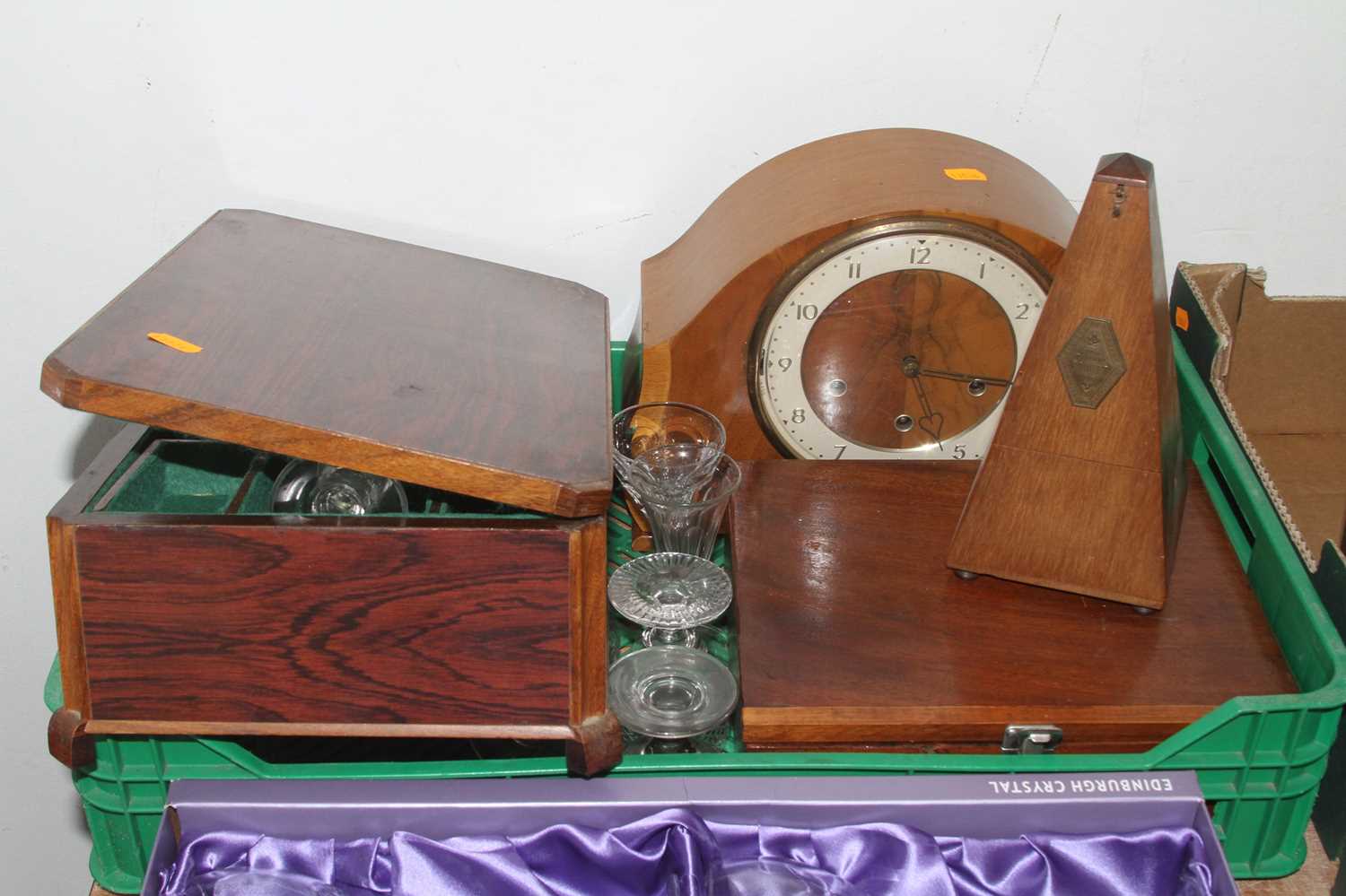 A collection of miscellaneous items to include Art Deco walnut cased mantel clock, set of six - Image 4 of 4