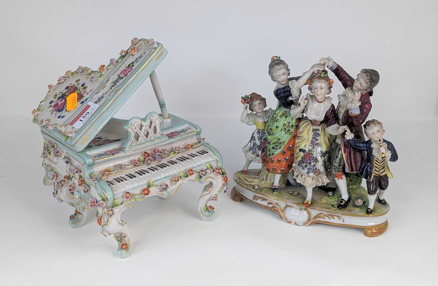A continental porcelain figure group, children in 18th century dress, height 18cm, together with a