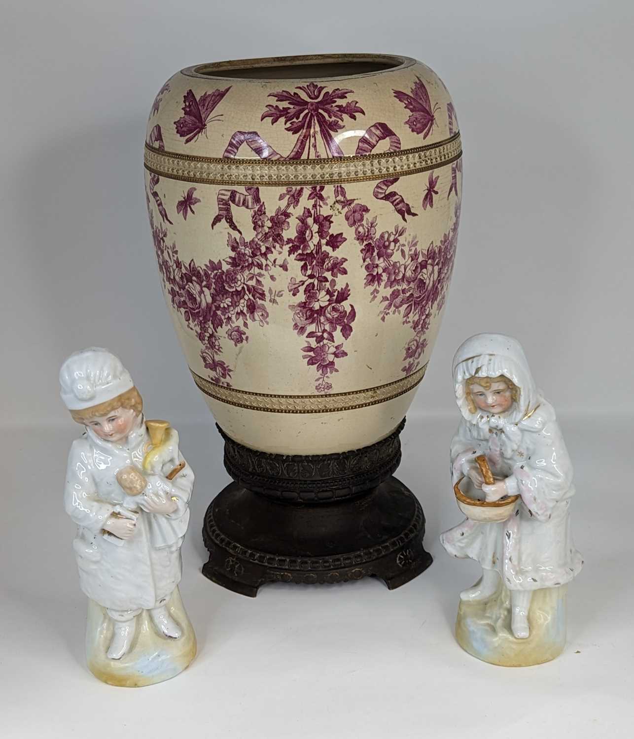 A Victorian pink transfer decorated pottery vase, height 35cm, together with a pair of Staffordshire