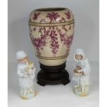 A Victorian pink transfer decorated pottery vase, height 35cm, together with a pair of Staffordshire