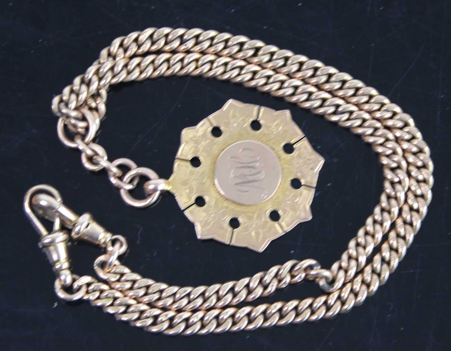 A 9ct gold curb link watch chain having twin lobster claw clasp and supporting 9ct gold and engraved - Bild 2 aus 2