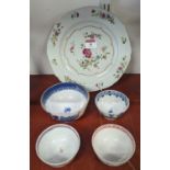 An 18th century Chinese famile rose porcelain plate, dia.23cm, together with four further