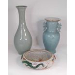 A Chinese crackle celadon glazed vase of baluster form, height 41cm, and another similar, and an