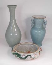 A Chinese crackle celadon glazed vase of baluster form, height 41cm, and another similar, and an