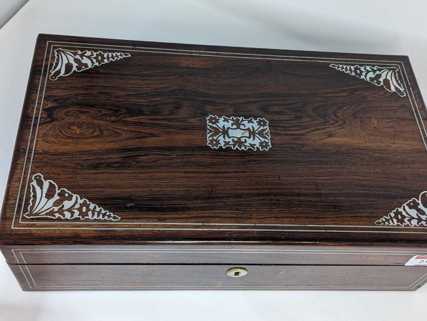 A Victorian rosewood and mother of pearl inlaid writing slope, having a gilt-tooled green writing - Image 2 of 4