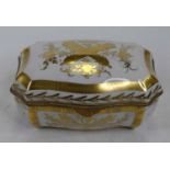 A Limoges porcelain table casket, gilt decorated with flowers, width 21cm The metal mount is bent in