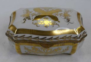 A Limoges porcelain table casket, gilt decorated with flowers, width 21cm The metal mount is bent in