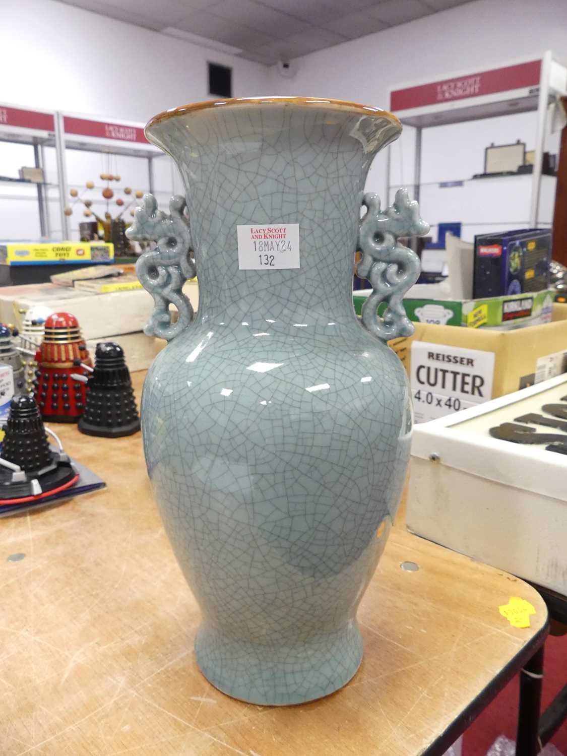 A Chinese crackle celadon glazed vase of baluster form, height 41cm, and another similar, and an - Image 3 of 8