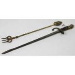 A bayonet converted to a fire poker, together with a brass toasting fork