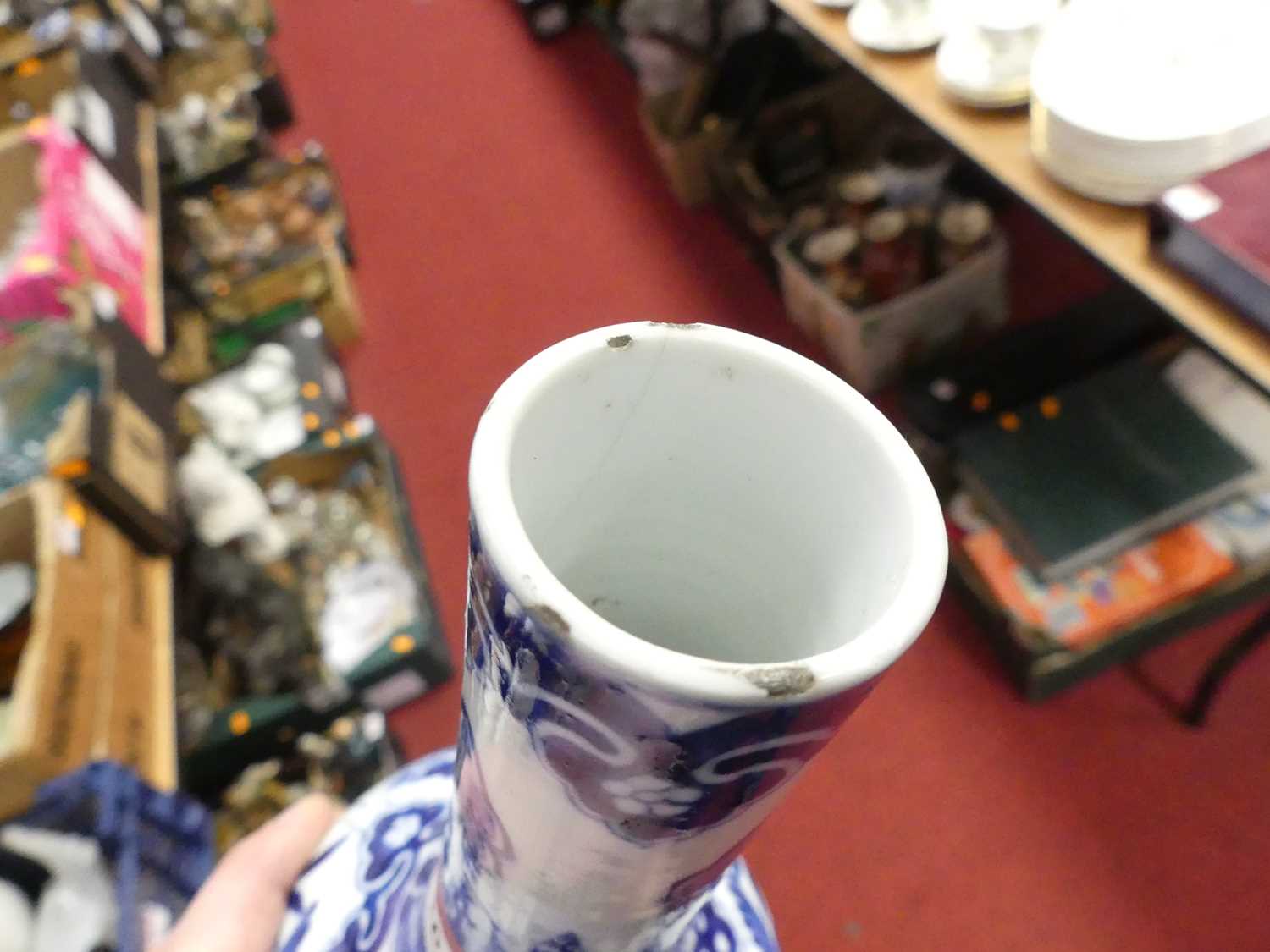 A Chinese blue and white glazed bottle vase, under glaze decorated with birds amongst flowers and - Image 3 of 4