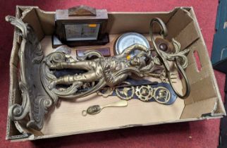 Miscellaneous items to include a figural brass stick stand, horse brasses, barometers, etc