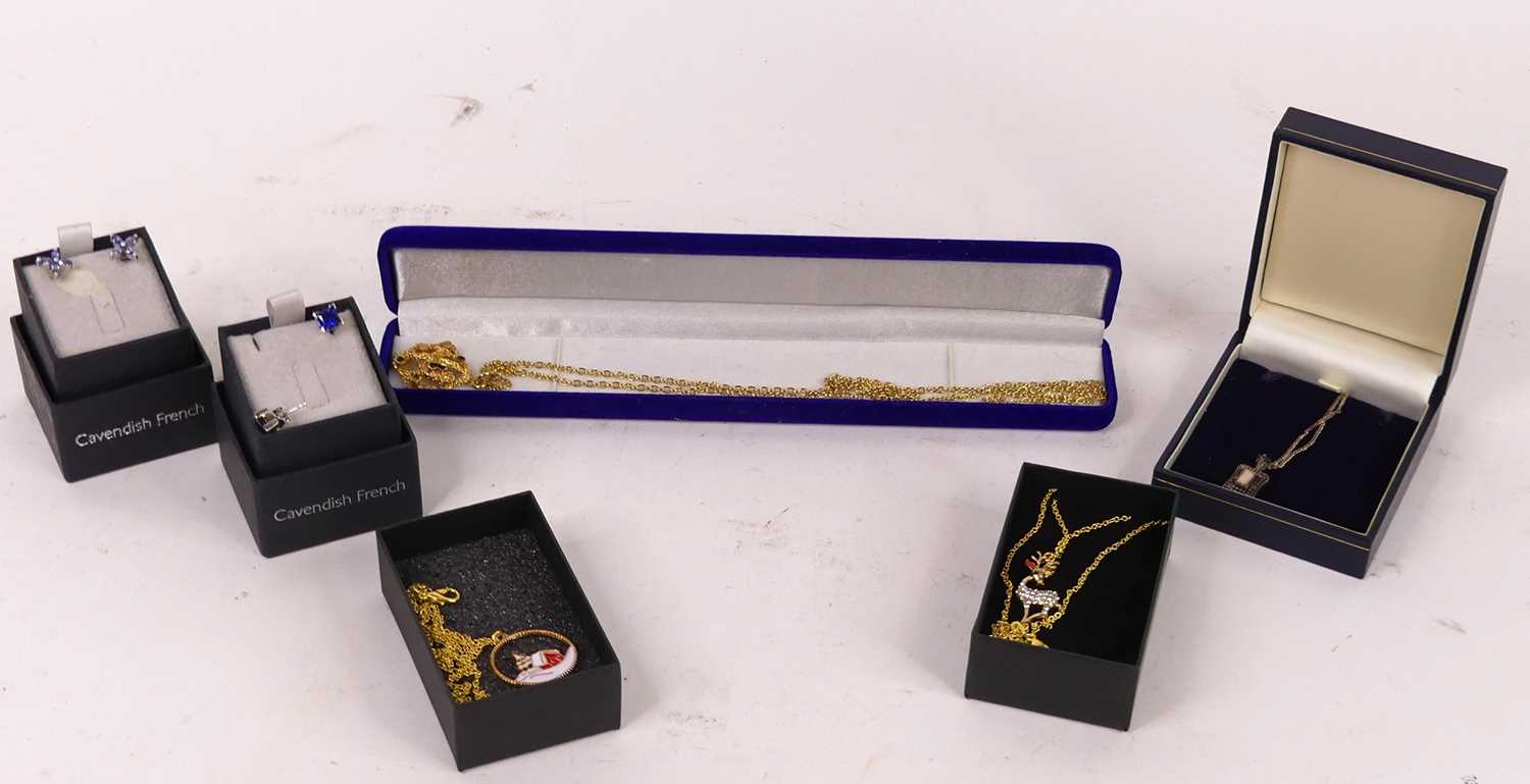 A collection of costume jewellery, to include a 1970s style gilt metal pendant on chain, ear