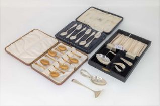 A set of six late 20th century silver coffee spoons in fitted leather case, together with one