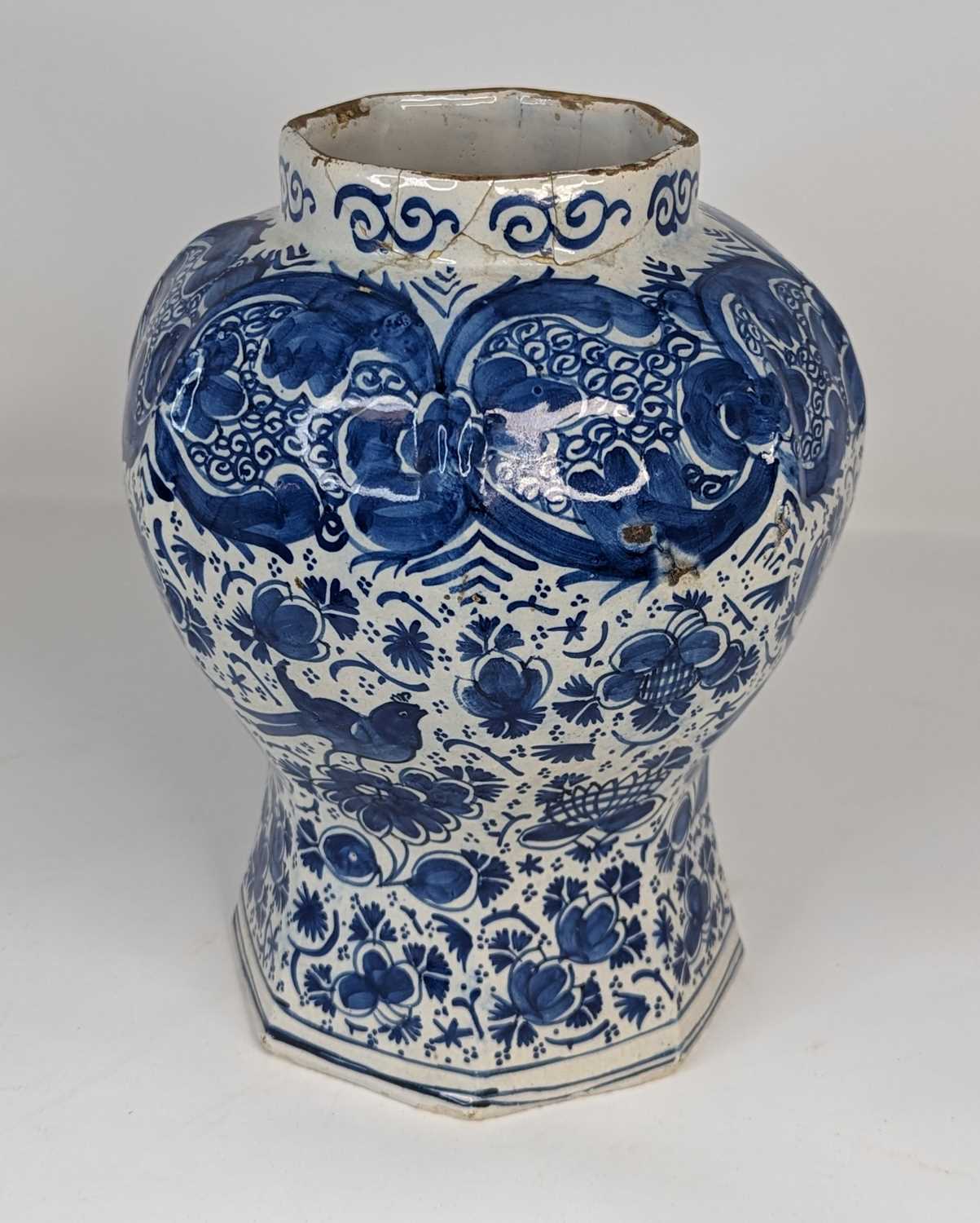 An 18th century Delft blue & white vase, height 23cm Has been glued back together