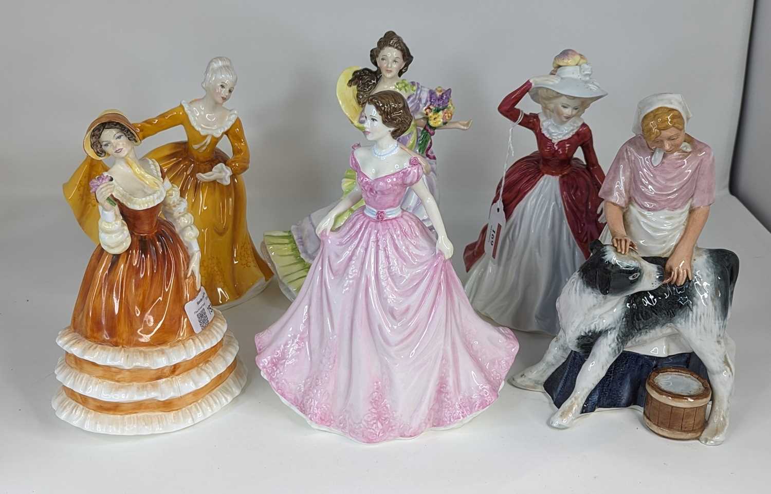 A collection of six Coalport and Royal Doulton figures of ladies to include The Country Maid, signed