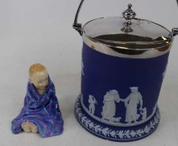 A Wedgwood blue jasperware tobacco jar, relief decorated with classical figures, height 18cm,