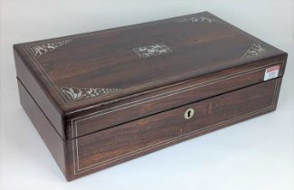 A Victorian rosewood and mother of pearl inlaid writing slope, having a gilt-tooled green writing