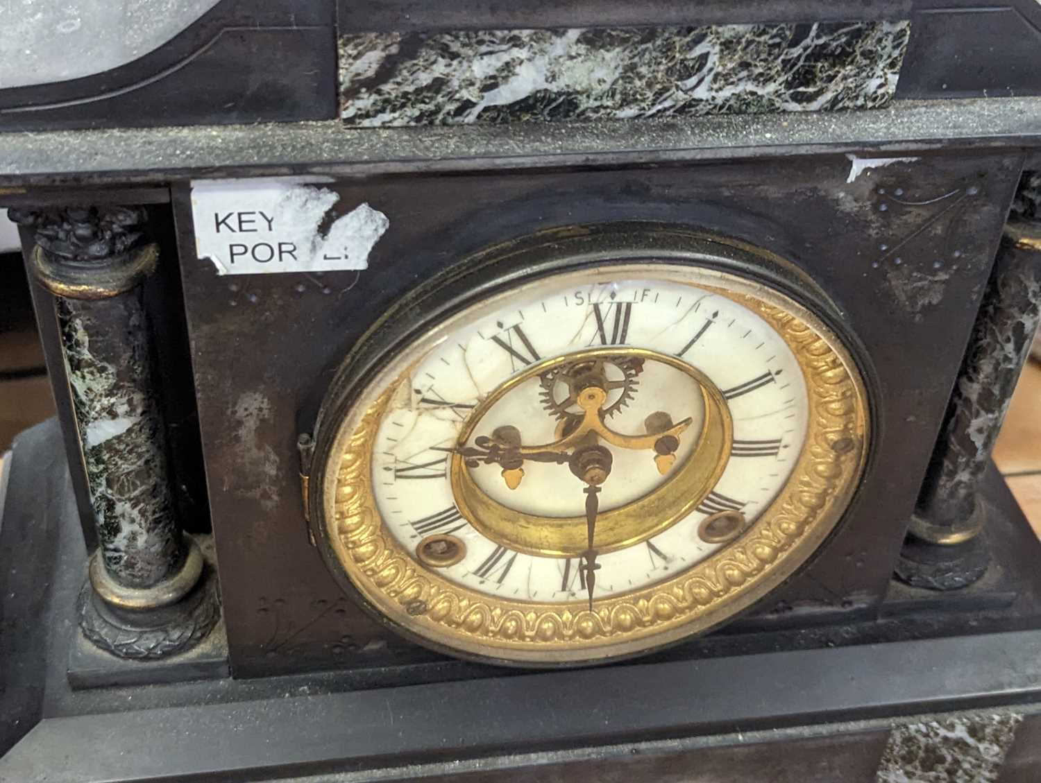 A Victorian black slate mantel clock, of architectural form, the enamel chapter ring showing - Image 3 of 3