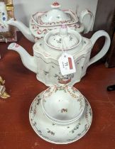 A pair of 18th century New Hall porcelain tea bowls and saucers, together with two New Hall