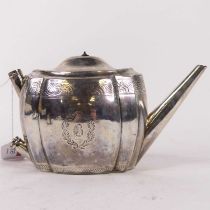 A George III Scottish silver teapot, of shaped oval form, bright cut engraved with bands of