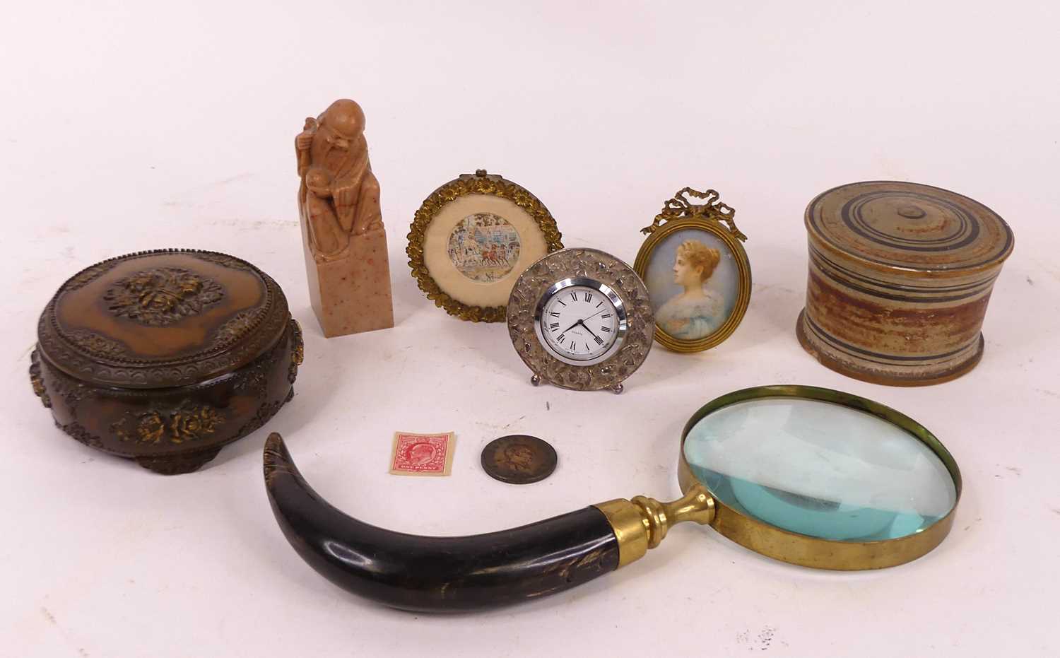 A collection of miscellaneous items to include horn handled magnifying glass, 19th century turned