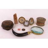 A collection of miscellaneous items to include horn handled magnifying glass, 19th century turned