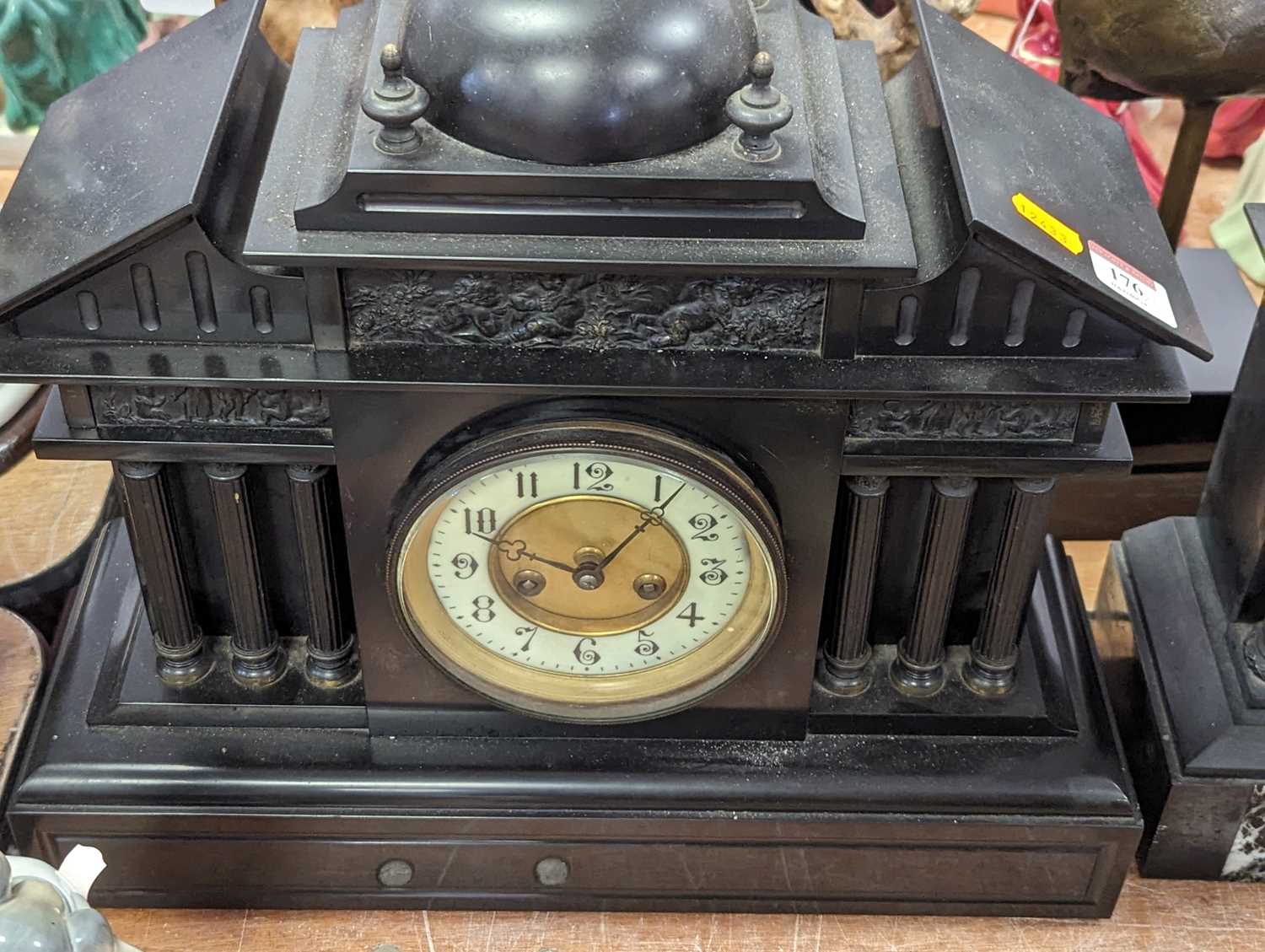 A Victorian black slate mantel clock, of architectural form, the enamel chapter ring showing - Image 2 of 3