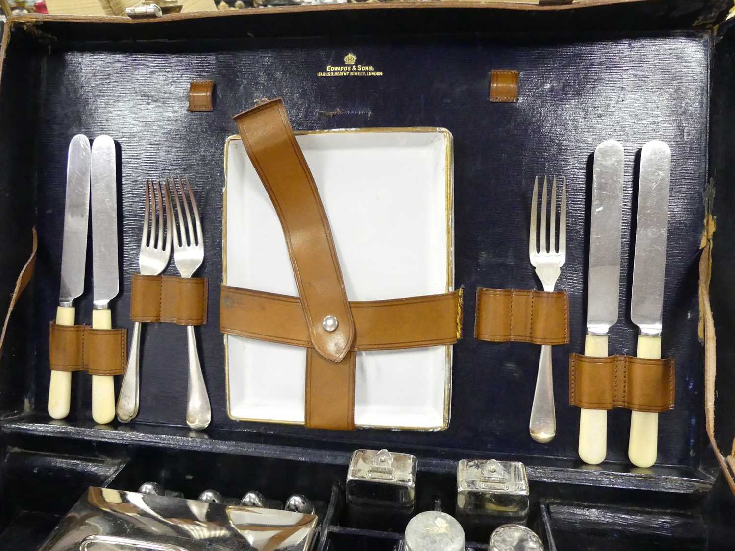 A vintage Edwards & Sons tan leather picnic set, monogrammed EMC and HCC, width 49cm - Image 6 of 16